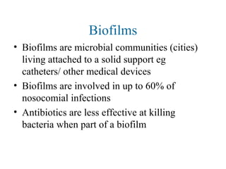 Biofilms
• Biofilms are microbial communities (cities)
living attached to a solid support eg
catheters/ other medical devices
• Biofilms are involved in up to 60% of
nosocomial infections
• Antibiotics are less effective at killing
bacteria when part of a biofilm
 