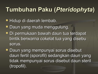 Tumbuhan Paku (Pteridophyta)
   Hidup di daerah lembab.
   Daun yang muda menggulung.
   Di permukaan bawah daun tua terdapat
    bintik berwarna cokelat tua yang disebu
    sorus.
   Daun yang mempunyai sorus disebut
    daun fertil (sporofil) sedangkan daun yang
    tidak mempunyai sorus disebut daun steril
    (tropofil).
 