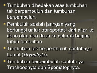  Tumbuhan dibedakan atas tumbuhan
  tak berpembuluh dan tumbuhan
  berpembuluh.
 Pembuluh adalah jaringan yang

  berfungsi untuk transportasi dari akar ke
  daun atau dari daun ke seluruh bagian
  tubuh tumbuhan.
 Tumbuhan tak berpembuluh contohnya

  Lumut (Bryophyta).
 Tumbuhan berpembuluh contohnya

  Tracheophyta dan Spematophyta.
 