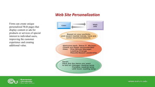 Firms can create unique 
personalized Web pages that 
display content or ads for 
products or services of special 
interest to individual users, 
improving the customer 
experience and creating 
additional value. 
Web Site Personalization 
 