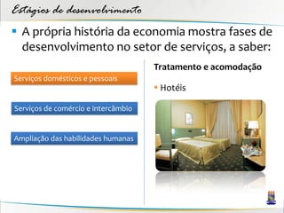 Estágios de desenvolvimento
 A própria história da economia mostra fases de
  desenvolvimento no setor de serviços, a saber:
                                     Tratamento e acomodação
Serviços domésticos e pessoais
                                      Hotéis

Serviços de comércio e intercâmbio


Ampliação das habilidades humanas
 