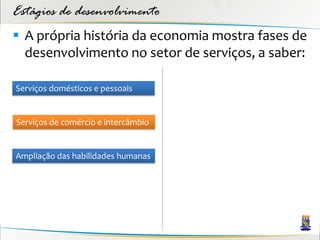 Estágios de desenvolvimento
 A própria história da economia mostra fases de
  desenvolvimento no setor de serviços, a saber:

Serviços domésticos e pessoais


Serviços de comércio e intercâmbio


Ampliação das habilidades humanas
 