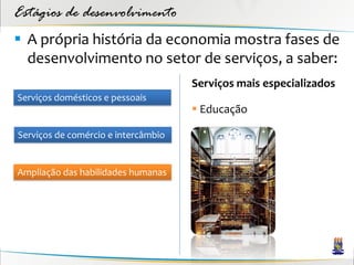 Estágios de desenvolvimento
 A própria história da economia mostra fases de
  desenvolvimento no setor de serviços, a saber:
                                     Serviços mais especializados
Serviços domésticos e pessoais
                                      Educação

Serviços de comércio e intercâmbio


Ampliação das habilidades humanas
 
