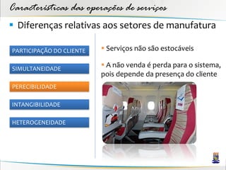Características das operações de serviços
 Diferenças relativas aos setores de manufatura

PARTICIPAÇÃO DO CLIENTE    Serviços não são estocáveis

SIMULTANEIDADE
                           A não venda é perda para o sistema,
                          pois depende da presença do cliente
PERECIBILIDADE

INTANGIBILIDADE

HETEROGENEIDADE
 