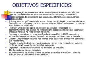 OBJETIVOS ESPECIFICOS:
   Propor formação de professores para a educação básica sobre a inclusão das
    pessoas com necessidades especiais no ensino fundamental, curso de AEE;
   Propor formação de professores que atuarão nos atendimentos educacionais
    especializados;
   Solicitar junto ao MEC o estabelecimento de um município pólo em Araucária para a
    formação dos professores que atendem em salas multifuncionais ou em centros de
    atendimento especializado.
    Instituir uma rede de apoio ao processo de inclusão (mediação e
    acompanhamento nas escolas na rede regular) especializado para dar suporte ao
    processo inclusivo na rede regular de ensino.
   Ingressar o município no programa Escola Acessível 2011- FNDE, garantindo
    verbas diretas para as escolas tornando os espaços escolares mais acessíveis;
   Garantir um professor de apoio nas turmas onde estarão os alunos com deficiência
    que necessitem;
   Garantir a redução de alunos matriculados nas series onde terão alunos inclusos
    conforme prevê conselho municipal de educação;
   Implantar 15 salas multifuncionais no município de Araucária
   10. Cessação de classes especiais.
   11. Permanência de 8 (oito) classes especiais em caráter transitório , afim de
    atender alunos com deficiência intelectual .
 