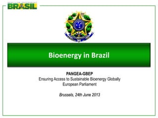 Ministério de
Minas e Energia
Bioenergy in Brazil
PANGEA-GBEP
Ensuring Access to Sustainable Bioenergy Globally
European Parliament
Brussels, 24th June 2013
 