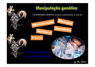 Manipulação genética
A ENGENHARIA GENÉTICA envolve: conhecimentos a nível de:
by Ana Kastro
Física
http://www.cienciahoje.pt/44
http://www.cienciahoje.pt/817
 