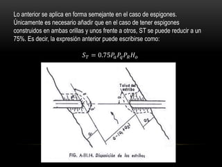 Lo anterior se aplica en forma semejante en el caso de espigones.
Únicamente es necesario añadir que en el caso de tener espigones
construidos en ambas orillas y unos frente a otros, ST se puede reducir a un
75%. Es decir, la expresión anterior puede escribirse como:
𝑆 𝑇 = 0.75𝑃𝑎 𝑃𝑞 𝑃𝑅 𝐻 𝑜
 