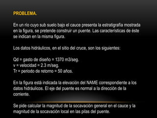 PROBLEMA.
En un río cuyo sub suelo bajo el cauce presenta la estratigrafía mostrada
en la figura, se pretende construir un puente. Las características de éste
se indican en la misma figura.
Los datos hidráulicos, en el sitio del cruce, son los siguientes:
Qd = gasto de diseño = 1370 m3/seg.
v = velocidad = 2.3 m/seg.
Tr = periodo de retorno = 50 años.
En la figura está indicada la elevación del NAME correspondiente a los
datos hidráulicos. El eje del puente es normal a la dirección de la
corriente.
Se pide calcular la magnitud de la socavación general en el cauce y la
magnitud de la socavación local en las pilas del puente.
 