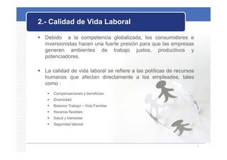 2.- Calidad de Vida Laboral

 Debido a la competencia globalizada, los consumidores e
  inversionistas hacen una fuerte presión para que las empresas
  generen ambientes de trabajo justos, productivos y
  potenciadores.

 La calidad de vida laboral se refiere a las políticas de recursos
  humanos que afectan directamente a los empleados, tales
  como :
       Compensaciones y beneficios.
       Diversidad
       Balance Trabajo – Vida Familiar
       Horarios flexibles
       Salud y bienestar
       Seguridad laboral




                                                                      8
 