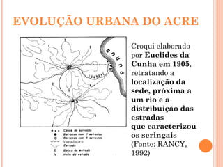 EVOLUÇÃO URBANA DO ACRE Croqui elaborado por  Euclides da Cunha em 1905 , retratando a localização da sede, próxima a um rio e a distribuição das estradas que caracterizou os seringais  (Fonte: RANCY, 1992) 