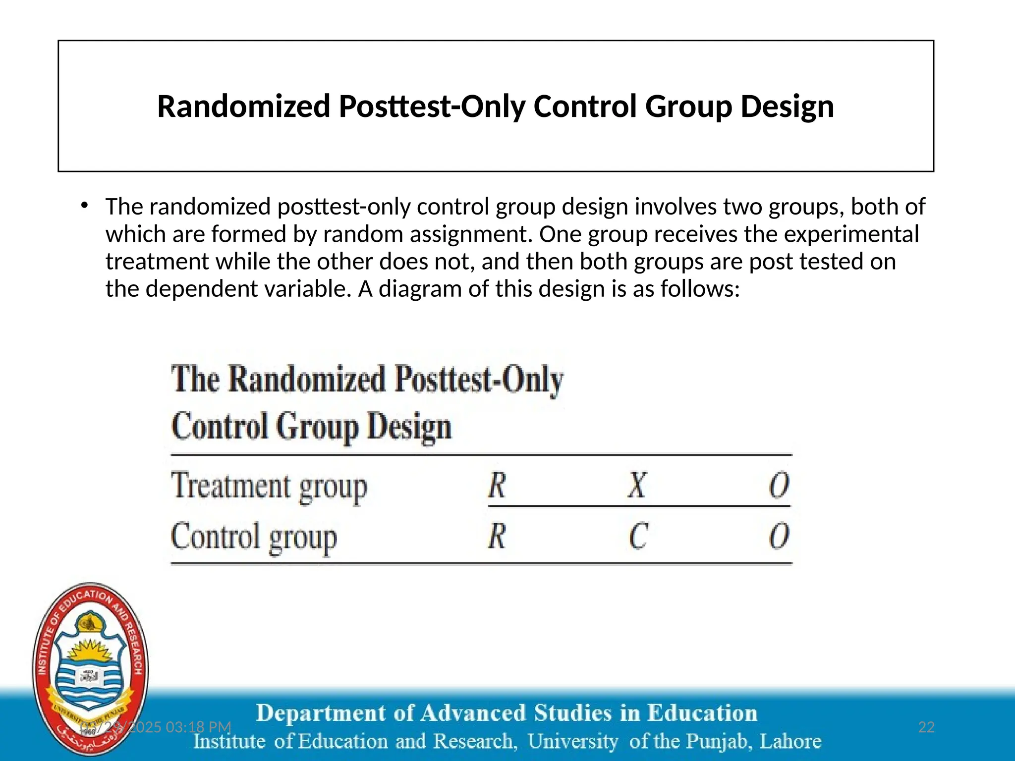 03/29/2025 03:18 PM 22
Randomized Posttest-Only Control Group Design
• The randomized posttest-only control group design involves two groups, both of
which are formed by random assignment. One group receives the experimental
treatment while the other does not, and then both groups are post tested on
the dependent variable. A diagram of this design is as follows:
 