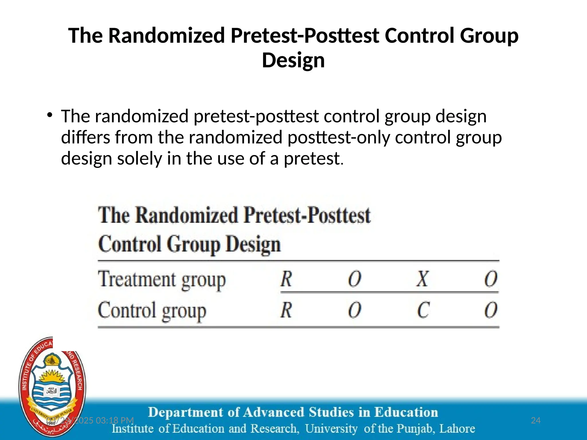 03/29/2025 03:18 PM 24
The Randomized Pretest-Posttest Control Group
Design
• The randomized pretest-posttest control group design
differs from the randomized posttest-only control group
design solely in the use of a pretest.
 