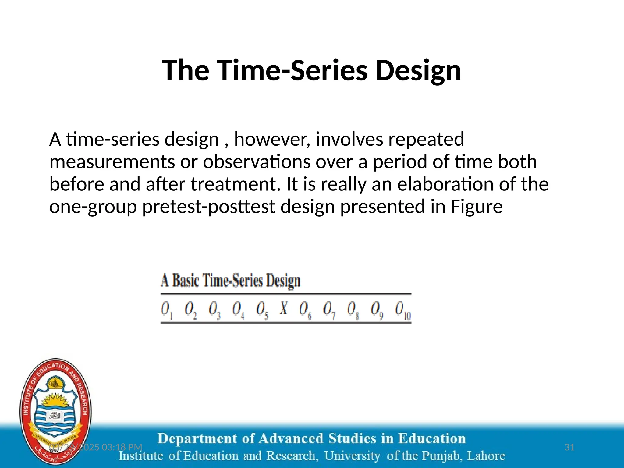 03/29/2025 03:18 PM 31
The Time-Series Design
A time-series design , however, involves repeated
measurements or observations over a period of time both
before and after treatment. It is really an elaboration of the
one-group pretest-posttest design presented in Figure
 