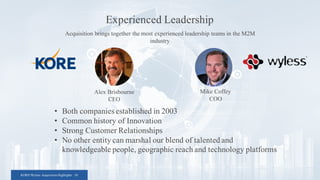 KORE/Wyless Acquisition Highlights 10
Experienced Leadership
Acquisition brings together the most experienced leadership teams in the M2M
industry
• Both companies established in 2003
• Common history of Innovation
• Strong Customer Relationships
• No other entity can marshal our blend of talented and
knowledgeable people, geographic reach and technology platforms
Alex Brisbourne
CEO
Mike Coffey
COO
 