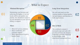 KORE/Wyless Acquisition Highlights 11
What to Expect
1
Best of BothMore
• More IoT service solutions
• More worldwide, 24/7
customer support
• More opportunities to get to
market faster
01
04 03
02
01
04
03
02
Long-Term Integration
We will work hard over the
coming months to bring together
the best features and functions of
both organizations.
Minimal Disruption
Maintaining your business and
achieving the highest of service
levels will be our number one
priority. You should not expect to
see any disruption to your service,
billing, or support.
The combined company’s
increased scope and scale will
provide customers the deepest
technology portfolio supported
by the broadest, most
experienced management team
 