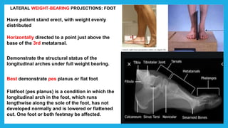 LATERAL WEIGHT-BEARING PROJECTIONS: FOOT
Have patient stand erect, with weight evenly
distributed
Horizontally directed to a point just above the
base of the 3rd metatarsal.
Demonstrate the structural status of the
longitudinal arches under full weight bearing.
Best demonstrate pes planus or flat foot
Flatfoot (pes planus) is a condition in which the
longitudinal arch in the foot, which runs
lengthwise along the sole of the foot, has not
developed normally and is lowered or flattened
out. One foot or both feetmay be affected.
 