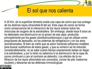 El sol que nos calienta   A 25 Km. de la superficie terrestre existe una capa de ozono que nos protege de los da ñ inos rayos ultravioleta B del sol. Esta capa de ozono se forma como consecuencia de la interacci ó n de los rayos solares sobre las mol é culas de ox í geno de la estratosfera. Sin embargo, desde hace 9 a ñ os se ha detectado una disminuci ó n en el grosor de esa capa, producido principalmente por los gases clorofluorocarbonosos y que se utilizan como propulsores de aerosoles, en los sistemas de refrigeraci ó n y en los aires acondicionados. Si bien es cierto que se est á n haciendo esfuerzos notables para buscar sustitutivos de estos gases, y que su emisi ó n se ha reducido considerablemente, no se sabe cuanto tiempo exactamente tardan en llegar a la estratosfera, y por lo tanto no sabemos si la disminuci ó n de la capa de ozono continuar á  o por el contrario se detendr á . Los efectos de la no-filtraci ó n de los rayos ultravioleta son conocidos, c á ncer de piel, trastornos oculares y descenso de las defensas inmunol ó gicas   