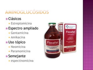  Clásicos
 Estreptomicina
 Espectro ampliado
 Gentamicina
 Amikacina
 Uso tópico
 Neomicina
 Paramomicina
 Semejante
 espectinomicina
 