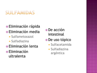  Eliminación rápida
 Eliminación media
 Sulfametoxazol
 Sulfadiazina
 Eliminación lenta
 Eliminación
ultralenta
 De acción
intestinal
 De uso tópico
 Sulfacetamida
 Sulfadiazina
argéntica
 