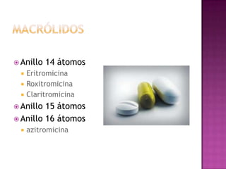  Anillo 14 átomos
 Eritromicina
 Roxitromicina
 Claritromicina
 Anillo 15 átomos
 Anillo 16 átomos
 azitromicina
 
