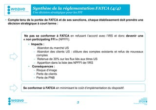 Synthèse de la réglementation FATCA (4/4)
                   Une décision stratégique pour les FFI

• Compte tenu de la portée de FATCA et de ses sanctions, chaque établissement doit prendre une
  décision stratégique à court terme :



             Ne pas se conformer à FATCA en refusant l’accord avec l’IRS et donc devenir une
            « non participating FFI » (NPFFI).
               • Impacts :
                   – Abandon du marché US
                   – Abandon des clients US : clôture des comptes existants et refus de nouveaux
                     comptes
                   – Retenue de 30% sur les flux liés aux titres US
                   – Apparition dans la liste des NPFFI de l’IRS
               • Conséquences :
                   – Risque d’image
                   – Perte de clients
                   – Perte de PNB


            Se conformer à FATCA en minimisant le coût d’implémentation du dispositif.



                                                    5
 