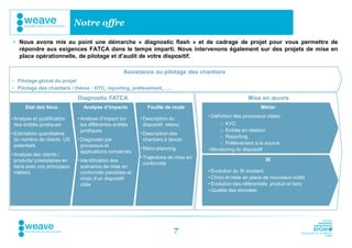Notre offre

 • Nous avons mis au point une démarche « diagnostic flash » et de cadrage de projet pour vous permettre de
   répondre aux exigences FATCA dans le temps imparti. Nous intervenons également sur des projets de mise en
   place opérationnelle, de pilotage et d’audit de votre dispositif.

                                                    Assistance au pilotage des chantiers
• Pilotage global du projet
• Pilotage des chantiers / thème : KYC, reporting, prélèvement, ….

                              Diagnostic FATCA                                                         Mise en œuvre
      Etat des lieux            Analyse d’impacts            Feuille de route                                Métier
                                                                                     • Définition des processus cibles :
• Analyse et qualification    • Analyse d’impact sur      • Description du
  des entités juridiques        les différentes entités     dispositif retenu             o KYC
                                juridiques                                                o Entrée en relation
• Estimation quantitative                                 • Description des
                                                                                          o Reporting
  du nombre de clients US     • Diagnostic par              chantiers à lancer
                                                                                          o Prélèvement à la source
  potentiels                    processus et
                                                          • Rétro-planning           • Monitoring du dispositif
                                applications concernés
• Analyse des clients /
                                                          • Trajectoire de mise en
  produits/ prestataires en   • Identification des                                                              SI
                                                            conformité
  liens avec vos principaux     scénarios de mise en
  métiers                       conformité possibles et                              • Evolution du SI existant
                                choix d’un dispositif                                • Choix et mise en place de nouveaux outils
                                cible                                                • Evolution des référentiels produit et tiers
                                                                                     • Qualité des données




                                                                          7
 