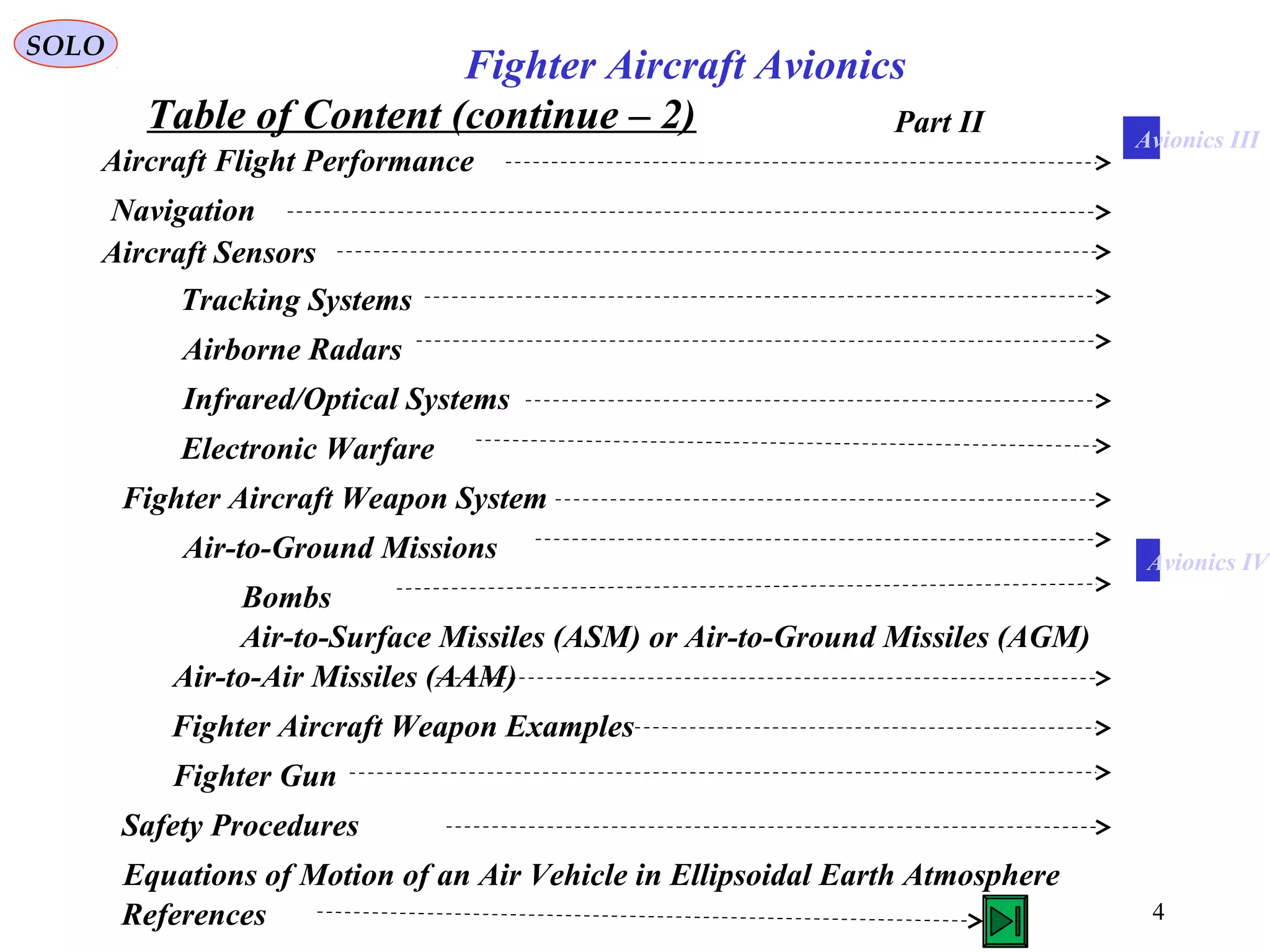 Table of Content (continue – 2)
SOLO
4
Fighter Aircraft Avionics
Equations of Motion of an Air Vehicle in Ellipsoidal Earth Atmosphere
Fighter Aircraft Weapon System
Safety Procedures
Tracking Systems
Aircraft Sensors
Airborne Radars
Infrared/Optical Systems
Electronic Warfare
Air-to-Ground Missions
Bombs
Air-to-Surface Missiles (ASM) or Air-to-Ground Missiles (AGM)
Fighter Aircraft Weapon Examples
Air-to-Air Missiles (AAM)
Fighter Gun
Aircraft Flight Performance
Navigation
Part II
References
Avionics IV
Avionics III
 