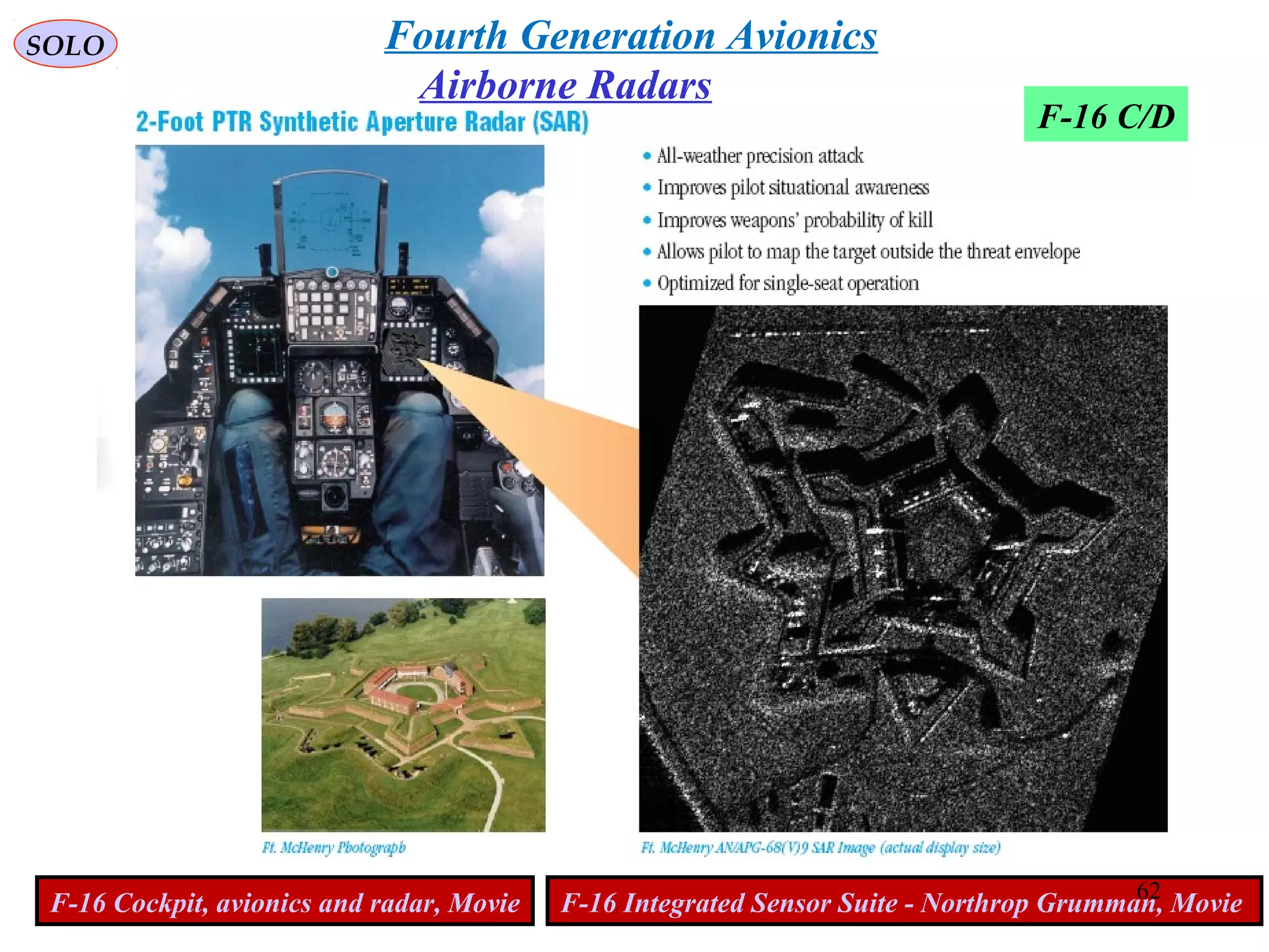 SOLO
F-16 C/D
F-16 Cockpit, avionics and radar, Movie F-16 Integrated Sensor Suite - Northrop Grumman, Movie
Airborne Radars
Fourth Generation Avionics
62
 