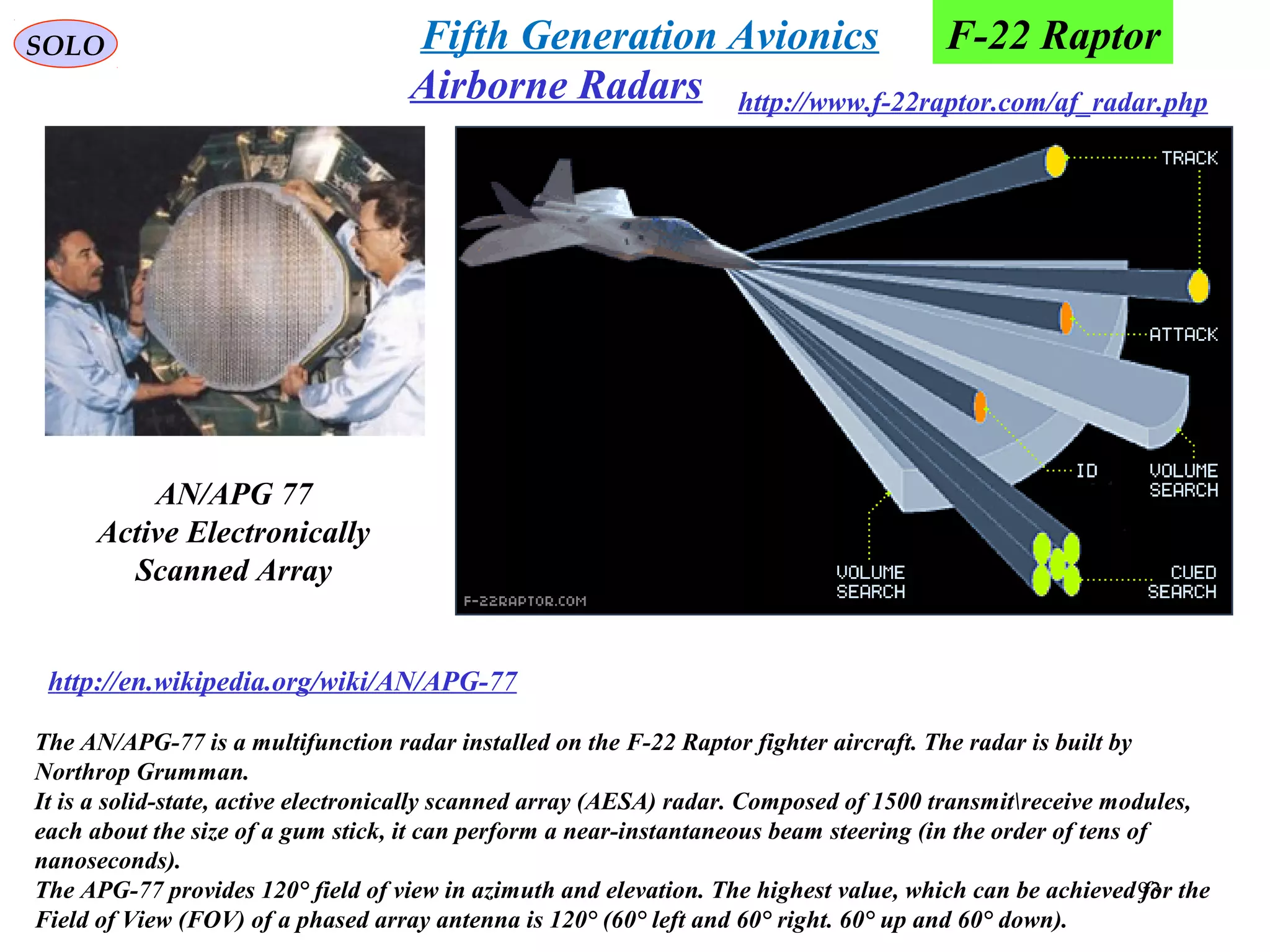 SOLO
http://www.f-22raptor.com/af_radar.phpAirborne Radars
AN/APG 77
Active Electronically
Scanned Array
http://en.wikipedia.org/wiki/AN/APG-77
The AN/APG-77 is a multifunction radar installed on the F-22 Raptor fighter aircraft. The radar is built by 
Northrop Grumman.
It is a solid-state, active electronically scanned array (AESA) radar. Composed of 1500 transmitreceive modules, 
each about the size of a gum stick, it can perform a near-instantaneous beam steering (in the order of tens of 
nanoseconds).
The APG-77 provides 120° field of view in azimuth and elevation. The highest value, which can be achieved for the 
Field of View (FOV) of a phased array antenna is 120° (60° left and 60° right. 60° up and 60° down). 
F-22 RaptorFifth Generation Avionics
93
 