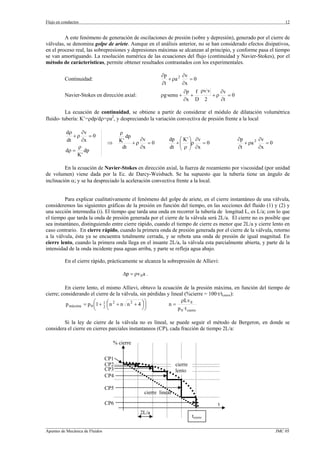 Flujo en conductos                                                                                             12


         A este fenómeno de generación de oscilaciones de presión (sobre y depresión), generado por el cierre de
válvulas, se denomina golpe de ariete. Aunque en el análisis anterior, no se han considerado efectos disipativos,
en el proceso real, las sobrepresiones y depresiones máximas se alcanzan al principio, y conforme pasa el tiempo
se van amortiguando. La resolución numérica de las ecuaciones del flujo (continuidad y Navier-Stokes), por el
método de carácterísticas, permite obtener resultados contrastados con los experimentales.

                                                         ∂p        ∂v
          Continuidad:                                      + ρa 2    =0
                                                         ∂t        ∂x
                                                                     ∂p f ρv v    ∂v
          Navier-Stokes en dirección axial:              ρg·senα +     +       +ρ    =0
                                                                     ∂x D 2       ∂t

          La ecuación de continuidad, se obtiene a partir de considerar el módulo de dilatación volumétrica
fluido- tubería: K’=ρdp/dρ=ρa2, y despreciando la variación convectiva de presión frente a la local

          dρ     ∂v                 ρ
             +ρ     =0                 dp
          dt     ∂x                 K'       ∂v              dp ⎛ K ' ⎞ ∂v                ∂p        ∂v
                              ⇒           +ρ    =0             + ⎜ ⎟ρ      =0                + ρa 2    =0
               ρ                     dt      ∂x              dt ⎜ ρ ⎟ ∂x
                                                                 ⎝ ⎠                      ∂t        ∂x
          dρ =    dp
               K'

         En la ecuación de Navier-Stokes en dirección axial, la fuerza de rozamiento por viscosidad (por unidad
de volumen) viene dada por la Ec. de Darcy-Weisbach. Se ha supuesto que la tubería tiene un ángulo de
inclinación α; y se ha despreciado la aceleración convectiva frente a la local.


         Para explicar cualitativamente el fenómeno del golpe de ariete, en el cierre instantáneo de una válvula,
consideremos las siguientes gráficas de la presión en función del tiempo, en las secciones del fluido (1) y (2) y
una sección intermedia (i). El tiempo que tarda una onda en recorrer la tubería de longitud L, es L/a; con lo que
el tiempo que tarda la onda de presión generada por el cierre de la válvula será 2L/a. El cierre no es posible que
sea instantáneo, distinguiendo entre cierre rápido, cuando el tiempo de cierre es menor que 2L/a y cierre lento en
caso contrario. En cierre rápido, cuando la primera onda de presión generada por el cierre de la válvula, retorno
a la válvula, ésta ya se encuentra totalmente cerrada, y se rebota una onda de presión de igual magnitud. En
cierre lento, cuando la primera onda llega en el insante 2L/a, la válvula esta parcialmente abierta, y parte de la
intensidad de la onda incidente pasa aguas arriba, y parte se refleja agua abajo.

          En el cierre rápido, prácticamente se alcanza la sobrepresión de Allievi:

                                      ∆p = ρv 0 a .

          En cierre lento, el mismo Allievi, obtuvo la ecuación de la presión máxima, en función del tiempo de
cierre; considerando el cierre de la válvula, sin pérdidas y lineal (%cierre = 100·t/tcierre):
                                                                  ρLv 0
          p máxima = p 0 ⎛1 + 1 ⎛ n 2 + n n 2 + 4 ⎞ ⎞
                         ⎜ 2⎜                     ⎟⎟        n=
                         ⎝      ⎝                 ⎠⎠            p 0 ·t cierre

        Si la ley de cierre de la válvula no es líneal, se puede seguir el método de Bergeron, en donde se
considera el cierre en cierres parciales instantaneos (CP), cada fracción de tiempo 2L/a:

                                  % cierre

                            CP1
                            CP2                                  cierre
                            CP3                                  lento
                            CP4

                            CP5
                                                 cierre lineal
                            CP6                                                     t
                                              2L/a
                                                                          tcierre
_________________________________________________________________________________________________________________
Apuntes de Mecánica de Fluidos                                                                             JMC 05
 