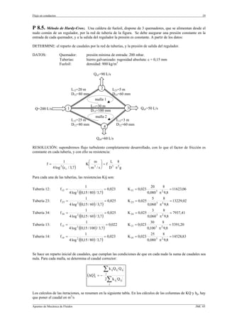 Flujo en conductos                                                                                                                           19



P 8.5. Método de Hardy-Cros:. Una caldera de fueloil, dispone de 3 quemadores, que se alimentan desde el
nudo común de un regulador, por la red de tubería de la figura. Se debe asegurar una presión constante en la
entrada de cada quemador, y a la salida del regulador la presión es constante. A partir de los datos:

DETERMINE: el reparto de caudales por la red de tuberías, y la presión de salida del regulador.

DATOS:               Quemador:                  presión mínima de entrada: 200 mbar.
                     Tuberías:                  hierro galvanizado: rugosidad absoluta: ε = 0,15 mm
                     Fueloil:                   densidad: 900 kg/m3

                                                       Qq2=90 L/s



                                 L12=20 m                     2                L23=5 m
                                 D12=80 mm                                     D23=60 mm
                                                        malla 1
                                                     L13=30 m
  Q=200 L/s                  1                                                                 3       Qq3=50 L/s
                                                     D13=100 mm
                                                        malla 2
                                 L12=25 m                                             L12=3 m
                                 D12=80 mm                                            D12=60 mm
                                                                  4


                                                            Qq4=60 L/s

RESOLUCIÓN: supondremos flujo turbulento completamente desarrollado, con lo que el factor de fricción es
constante en cada tubería, y con ello su resistencia:

                         1                      ⎛ m ⎞     L 8
          f=                                   K⎜ 3 ⎟ = f 5 2
               4 log (ε r / 3,7 )
                     2
                                                ⎝m /s⎠   D π g

Para cada una de las tuberías, las resistencias Kij son:

                                               1                                                                20       8
Tubería 12:          f 12 =                                       = 0,023                      K 12 = 0,023                     = 11623,06
                              4 log   2
                                          ((0,15 / 80) / 3,7 )                                                       5
                                                                                                              0,080 π 9,82

                                               1                                                                 5       8
Tubería 23:          f 23 =                                       = 0,025                      K 23 = 0,025                     = 13229,02
                              4 log   2
                                          ((0,15 / 60) / 3,7 )                                                       5
                                                                                                              0,060 π 9,82

                                               1                                                                 3       8
Tubería 34:          f 34 =                                       = 0,025                      K 34 = 0,025                     = 7937,41
                              4 log   2
                                          ((0,15 / 60) / 3,7 )                                                       5
                                                                                                              0,060 π 9,82

                                               1                                                                30       8
Tubería 13:          f 13 =                                       = 0,022                      K 13 = 0,023                     = 5391,20
                              4 log 2 ((0,15 / 100) / 3,7 )                                                   0,100 5 π 2 9,8
                                               1                                                                25       8
Tubería 14:          f 14 =                                       = 0,023                      K 14 = 0,023                     = 14528,83
                              4 log   2
                                          ((0,15 / 80) / 3,7 )                                                       5
                                                                                                              0,080 π 9,82




Se hace un reparto inicial de caudales, que cumplan las condiciones de que en cada nudo la suma de caudales sea
nula. Para cada malla, se determina el caudal corrector:

                                                                  ∑k          ij Q ij   Q ij
                                                   (∆Q )i   =−
                                                                      j

                                                                  2       ∑k
                                                                          j
                                                                                 ij   Q ij


Los calculos de las iteraciones, se resumen en la siguiente tabla. En los cálculos de las columnas de KQ y hp, hay
que poner el caudal en m3/s
_________________________________________________________________________________________________________________
Apuntes de Mecánica de Fluidos                                                                             JMC 05
 