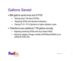 Gallons Saved
 98M gallons saved since end of FY05
 “Slowing down” the fleet of W700s
 Replacing W700s with Sprinters & Reaches
 Placing FY12 - FY14 Sprinters on higher utilization routes
 Potential to save additional 7.7M gallons annually
 Replacing remaining W700s with Isuzu Reach W630
 Reducing category of larger vehicles (W700/Reach/W900) by an
additional 3,000 units
March 2014 6
 
