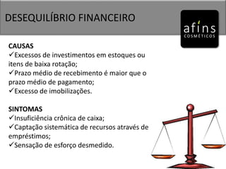 DESEQUILÍBRIO FINANCEIRO
CAUSAS
Excessos de investimentos em estoques ou
itens de baixa rotação;
Prazo médio de recebimento é maior que o
prazo médio de pagamento;
Excesso de imobilizações.
SINTOMAS
Insuficiência crônica de caixa;
Captação sistemática de recursos através de
empréstimos;
Sensação de esforço desmedido.
 
