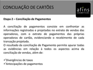 CONCILIAÇÃO DE CARTÕES
Etapa 2 – Conciliação de Pagamentos
A conciliação de pagamentos consiste em confrontar as
informações registradas e projetadas no extrato de vendas das
operadoras, com o extrato de pagamentos das próprias
operadoras de cartão, evidenciando o recebimento de cada
transação projetada.
O resultado da conciliação de Pagamento permite apurar todas
as evidências em relação à todos os aspectos acima da
conciliação de vendas, além de:
Divergências de taxas
Antecipações de pagamentos
 