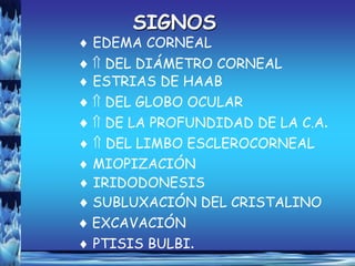 SIGNOS
EDEMA CORNEAL
 DEL DIÁMETRO CORNEAL
ESTRIAS DE HAAB
 DEL GLOBO OCULAR
 DE LA PROFUNDIDAD DE LA C.A.
  DEL LIMBO ESCLEROCORNEAL
MIOPIZACIÓN
IRIDODONESIS
SUBLUXACIÓN DEL CRISTALINO
EXCAVACIÓN
PTISIS BULBI.
 