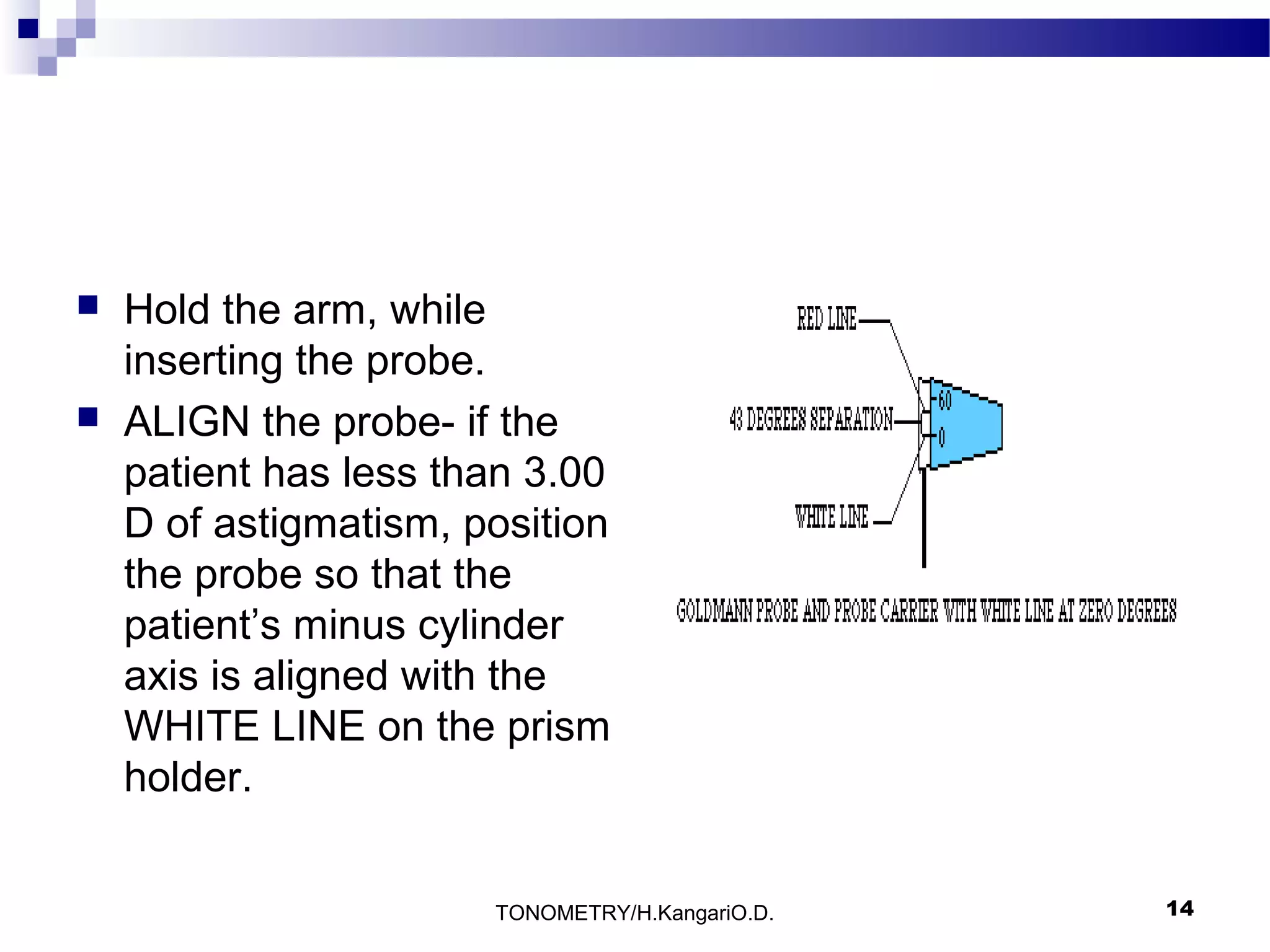 



Hold the arm, while
inserting the probe.
ALIGN the probe- if the
patient has less than 3.00
D of astigmatism, position
the probe so that the
patient’s minus cylinder
axis is aligned with the
WHITE LINE on the prism
holder.
TONOMETRY/H.KangariO.D.

14

 