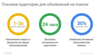 Confidential & Proprietary
Похожие аудитории для объявлений на поиске
Наиболее активные
пользователи
поиска
активнее поиск
30%
Увеличение охвата с
фокусом на новых
пользователей
24 часа
Высокая
актуальность
таргетинга
размер аудитории
1-3x
 