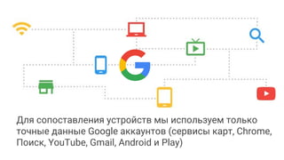 Для сопоставления устройств мы используем только
точные данные Google аккаунтов (сервисы карт, Chrome,
Поиск, YouTube, Gmail, Android и Play)
 