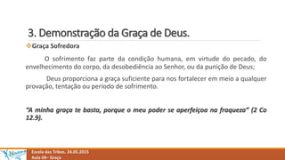 3. Demonstração da Graça de Deus.
Escola das Tribos. 24.05.2015
Aula 09– Graça
Graça Sofredora
O sofrimento faz parte da condição humana, em virtude do pecado, do
envelhecimento do corpo, da desobediência ao Senhor, ou da punição de Deus;
Deus proporciona a graça suficiente para nos fortalecer em meio a qualquer
provação, tentação ou período de sofrimento.
“A minha graça te basta, porque o meu poder se aperfeiçoa na fraqueza” (2 Co
12.9).
 