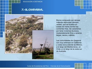 7.- EL CHAPARRAL Bioma compuesto por densas malezas espinosas siempre verdes, que se localiza en costas de mares donde hay corrientes frías. Se caracteriza por tener inviernos lluviosos, moderadamente fríos y veranos largos, secos y cálidos.  Las comunidades de chaparral son muy extensas en California y costa noroccidental de México, a lo largo del Mediterráneo, en Chile y a lo largo de la costa sur de Australia.  