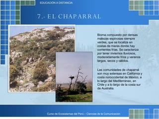7.- EL CHAPARRAL Bioma compuesto por densas malezas espinosas siempre verdes, que se localiza en costas de mares donde hay corrientes frías. Se caracteriza por tener inviernos lluviosos, moderadamente fríos y veranos largos, secos y cálidos.  Las comunidades de chaparral son muy extensas en California y costa noroccidental de México, a lo largo del Mediterráneo, en Chile y a lo largo de la costa sur de Australia.  