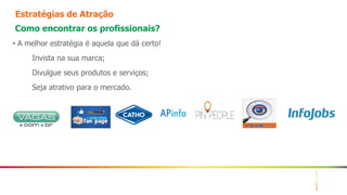 5
Estratégias de Atração
Como encontrar os profissionais?
• A melhor estratégia é aquela que dá certo!
Invista na sua marca;
Divulgue seus produtos e serviços;
Seja atrativo para o mercado.
 