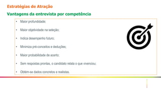7
Estratégias de Atração
Vantagens da entrevista por competência
• Maior profundidade;
• Maior objetividade na seleção;
• Indica desempenho futuro;
• Minimiza pré-conceitos e deduções;
• Maior probabilidade de acerto;
• Sem respostas prontas, o candidato relata o que vivenciou;
• Obtém-se dados concretos e realistas.
 