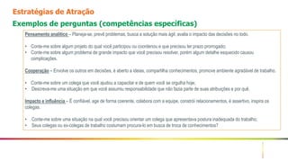 8
Estratégias de Atração
Exemplos de perguntas (competências específicas)
Pensamento analítico – Planeja-se, prevê problemas, busca a solução mais ágil, avalia o impacto das decisões no todo.
• Conte-me sobre algum projeto do qual você participou ou coordenou e que precisou ter prazo prorrogado;
• Conte-me sobre algum problema de grande impacto que você precisou resolver, porém algum detalhe esquecido causou
complicações.
Cooperação – Envolve os outros em decisões, é aberto a ideias, compartilha conhecimentos, promove ambiente agradável de trabalho.
• Conte-me sobre um colega que você ajudou a capacitar e de quem você se orgulha hoje;
• Descreva-me uma situação em que você assumiu responsabilidade que não fazia parte de suas atribuições e por quê.
Impacto e influência – É confiável, age de forma coerente, colabora com a equipe, constrói relacionamentos, é assertivo, inspira os
colegas.
• Conte-me sobre uma situação na qual você precisou orientar um colega que apresentava postura inadequada do trabalho;
• Seus colegas ou ex-colegas de trabalho costumam procura-lo em busca de troca de conhecimentos?
 