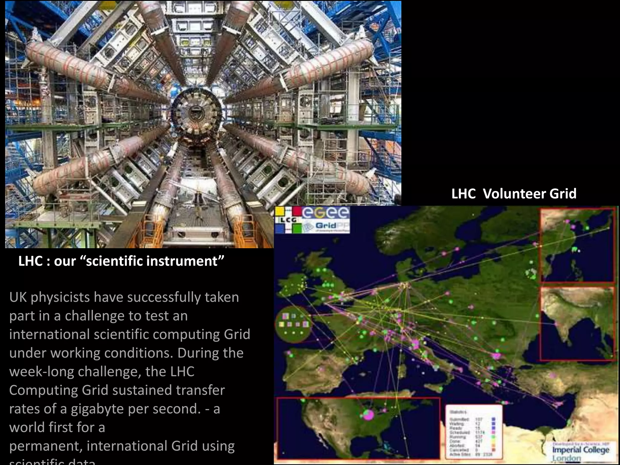 LHC Volunteer Grid



 LHC : our “scientific instrument”

UK physicists have successfully taken
part in a challenge to test an
international scientific computing Grid
under working conditions. During the
week-long challenge, the LHC
Computing Grid sustained transfer
rates of a gigabyte per second. - a
world first for a
permanent, international Grid using
 