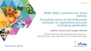 EFSA WGS activities for Food
Safety:
Potential value of bioinformatic
analysis in regulatory process
including pesticides
Beatriz Guerra and Jürgen Sturma
OECD Pesticides WG Bioinformatics Seminar:
Bioinformatics and regulation of microbial pesticides
24 June
 