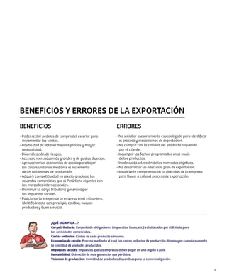 Beneficios y errores de la exportación
BENEFICIOS                                                     ERRORES
- Poder recibir pedidos de compra del exterior para            - No solicitar asesoramiento especializado para identificar
  incrementar las ventas.                                        el proceso y mecanismos de exportación.
- Posibilidad de obtener mejores precios y mayor               - No cumplir con la calidad del producto requerido
  rentabilidad.                                                  por el cliente.
- Diversificación de riesgos.                                  - Incumplir las fechas programadas en el envío
- Acceso a mercados más grandes y de gustos diversos.            de los productos.
- Aprovechar las economías de escala para bajar                - Inadecuada selección de los mercados objetivos.
  los costos unitarios mediante el incremento                  - No desarrollar un adecuado plan de exportación.
  de los volúmenes de producción.                              - Insuficiente compromiso de la dirección de la empresa
- Adquirir competitividad en precio, gracias a los               para llevar a cabo el proceso de exportación.
  acuerdos comerciales que el Perú tiene vigentes con
  los mercados internacionales.
- Disminuir la carga tributaria generada por
  los impuestos locales.
- Posicionar la imagen de la empresa en el extranjero,
  identificándola con prestigio, calidad, nuevos
  productos y buen servicio.



                   ¿QUÉ SIGNIFICA…?
                   Carga tributaria: Conjunto de obligaciones (impuestos, tasas, etc.) establecidas por el Estado para
                   las actividades comerciales.
                   Costos unitarios: Costos de cada producto o insumo.
                   Economías de escala: Proceso mediante el cual los costos unitarios de producción disminuyen cuando aumenta
                   la cantidad de unidades producidas.
                   Impuestos locales: Impuestos que las empresas deben pagar en una región o país.
                   Rentabilidad: Obtención de más ganancias que pérdidas.
                   Volumen de producción: Cantidad de productos disponibles para la comercialización.


                                                                                                                                11
 