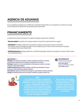 AGENCIA DE ADUANAS
Es una compañía autorizada por la SUNAT para representar oficialmente a los consignatarios o dueños de la carga
en los trámites de las operaciones de exportación y de importación.



FINANCIAMIENTO
La obtención de dinero para financiar el capital de trabajo se puede hacer mediante:

- Recursos propios: Generados por la propia empresa a través de las operaciones de su negocio.

- Proveedores: El crédito se obtiene de las empresas o personas que proveen insumos a la empresa.
  Esto implica más días de plazo para pagar lo que se adquirió y, por lo tanto, menos recursos que la empresa
  o su propietario tienen que comprometer.

- Entidades financieras: Otorgan préstamos a un determinado plazo, implicando el pago de una tasa de interés a favor
  de la entidad financiera.



¿QUÉ SIGNIFICA…?                                                                              MÁS INFORMACIÓN
Embalaje: Todo aquello que envuelve, contiene y protege los productos envasados,              Asistencia técnica en costos
y que facilita las operaciones de transporte y manejo de las mercancías.                      y precios de exportación
                                                                                              www.siicex.gob.pe
Estrategia: Conjunto de acciones planificadas en el tiempo que se llevan a cabo para
                                                                                              Programas SEPYMEX / FOGEM
alcanzar un determinado objetivo.                                                             www.cofide.com.pe
Instituciones financieras: Entidades estatales o privadas que administran el dinero
de terceros, reciben depósitos y otorgan préstamos.
Intermediarios: Agentes comerciales que enlazan las oportunidades de oferta y demanda.
Leasing: Arrendamiento financiero para adquirir maquinaria, equipo, vehículos, etc.



                                                      OJO
                                Con el objetivo de apoyar a las pequeñas                  Por otro lado, existe también
                             y medianas empresas (Pymes) exportadoras,                   un fondo de garantías (FOGEM)
                            el Estado ha creado un programa de coberturas                 para Pymes hasta por el 50%
                                 de seguro, respaldando créditos de pre-                   de los financiamientos para
                               embarque con las instituciones financieras.                activo fijo, capital de trabajo
                               El programa opera a través de un contrato                  y crédito pre y pos embarque.
                             de seguro, denominado Póliza SEPYMEX, que                    Otra forma de financiamiento
                               se suscribe entre las empresas del sistema                           es el leasing.
                               financiero nacional que así lo decidan y el
                                    operador del programa (SECREX).


                                                                                                                             29
 