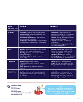 Modo                Ventajas                                               Desventajas
de Transporte


MARÍTIMO            Capacidad: Tienen un alto volumen de carga.             Accesibilidad: Los buques están solo
                    Competitividad: Fletes más bajos por el alto            disponibles en los puertos y el exportador
                    volumen de carga.                                       generalmente no está cerca de ellos.
                    Felexibilidad de carga: Existe gran variedad            Embalaje: Debe ser resistente y duradero,
                    de modalidades disponibles.                             lo cual resulta más costoso.
                    Continuidad de operaciones: El exportador tiene         Lentitud: La velocidad de los buques
                    seguridad a la hora de planificar el transporte.        es muy lenta.
                                                                            Frecuencia: Es menor, ya que son lentos
                                                                            y las cargas son grandes.

AÉREO               Rapidez: Genera un buen servicio en la entrega.         Límites en su capacidad: La capacidad
                    Oportuno para productos perecederos.                    máxima para naves de pasajeros es de
                    Embalaje: No tienen que ser especializados              hasta 35 TM. y 105 TM. para cargueros.
                    y son más livianos.                                     Costo unitario: Fletes muy costosos.
                    Inventarios bajos: Por la alta frecuencia               Artículos peligrosos: Tienen gran dificultad
                    de los viajes.                                          para ser trasladados por esta modalidad.

TERRESTRE           Rapidez: Relativamente rápidos.                         Límites: Se limita a países limítrofes.
                    Frecuencias: Tienen una frecuencia estable              Riesgos: El riesgo de siniestro, robo, etc.
                    y regular.                                              es mayor a los otros medios de transporte.
                    Servicio: Pueden dar el servicio de puerta
                    a puerta.

MULTIMODAL          Logística: Se tiene un solo operador logístico          Lentitud: Demora en la operación ya
                    para gestionar todos los gastos operativos y            que el operador multimodal espera la
                    de traslado.                                            intervención de cada enlace para que la
                                                                            mercancía llegue a su destino.




   MÁS INFORMACIÓN
   PROMPERÚ
                                                                                           OJO
   www.siicex.gob.pe                                                    Las micro y pequeñas empresas pueden
   Exporta Fácil                                                        utilizar como transporte los servicios de
   www.serpost.gob.pe                                                  correo postal, con un límite de hasta 30 kg
   Asociación Marítima del Perú (ASMARPE)                                       por envío (Exporta Fácil).
   www.asmarpe.org.pe


                                                                                                                           33
 